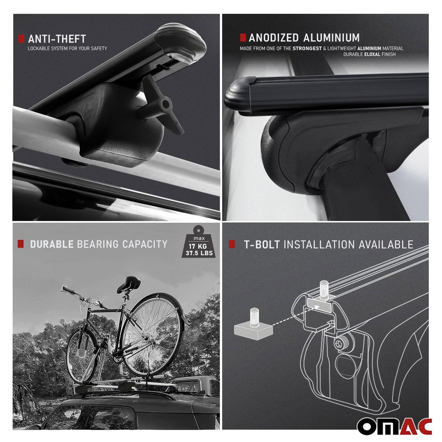 OMAC Bike Rack Carrier Roof Racks Set for BMW X5 E70 2007-2013 Aluminium Black 3Pcs U020675