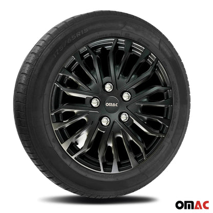 OMAC 15" Wheel Covers Guard Hub Caps Durable Snap On ABS Matt Black+Silver 4x OMAC-WE41-MBK15