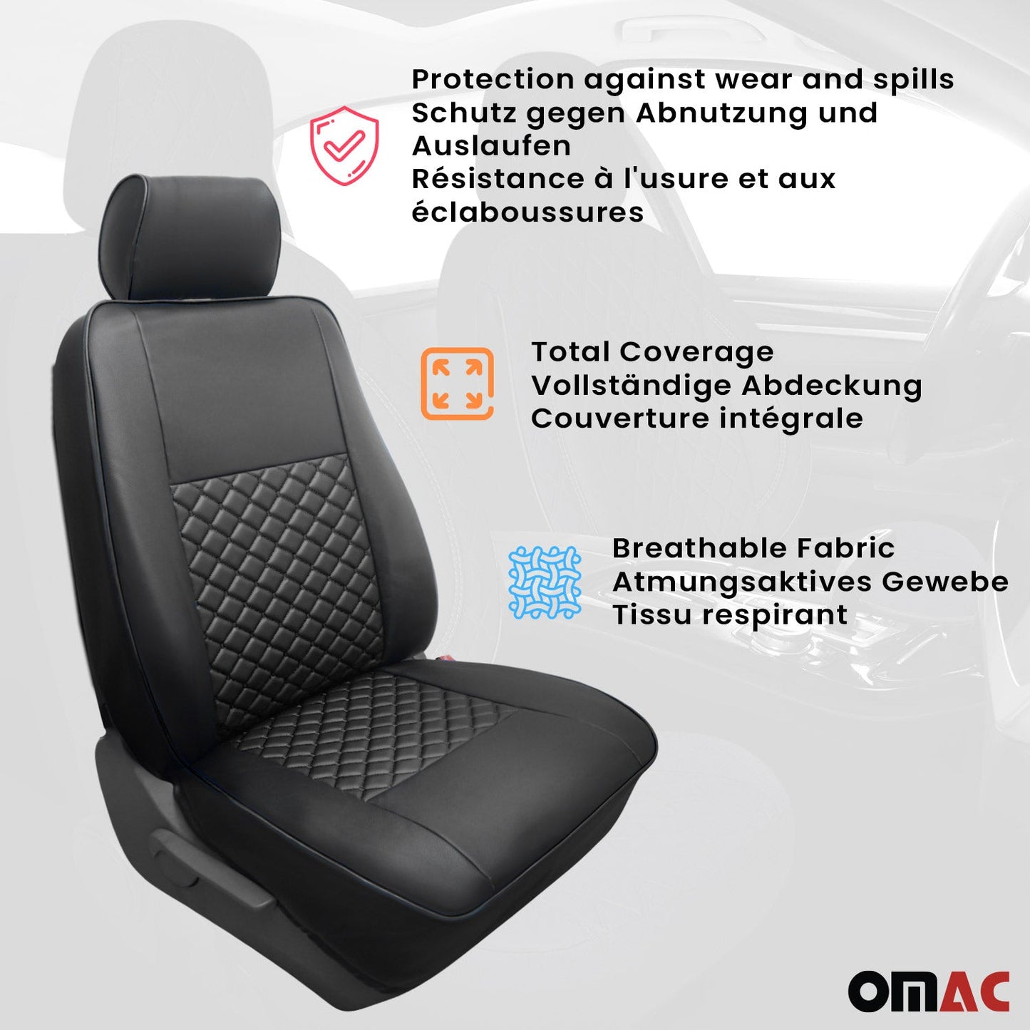 OMAC Leather Car Seat Covers Protector for Mercedes Metris 2016-2024 Black 2+1 4733321SS1-SET