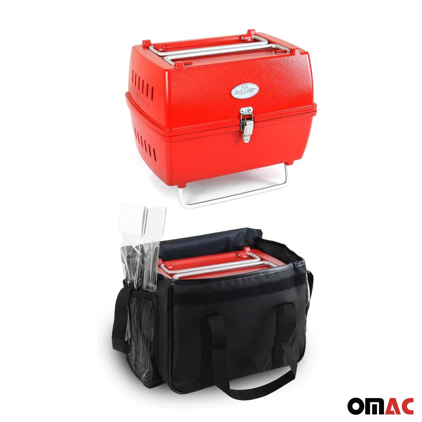 Red Portable Charcoal BBQ Grill Outdoor Camping 13 Pcs With Durable Bag SET