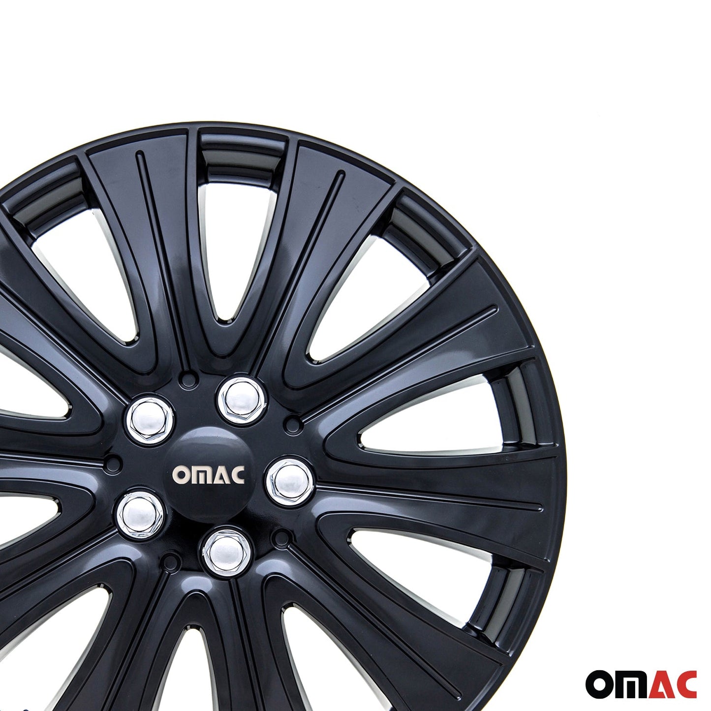 OMAC 15" Wheel Covers Guard Hub Caps Durable Snap On ABS Gloss Black Silver 4x OMAC-WE40-GBK15