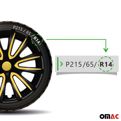 Bicolo Hub Caps Wheel Cover 14" Black Matt & Yellow Full Set 4 pcs.