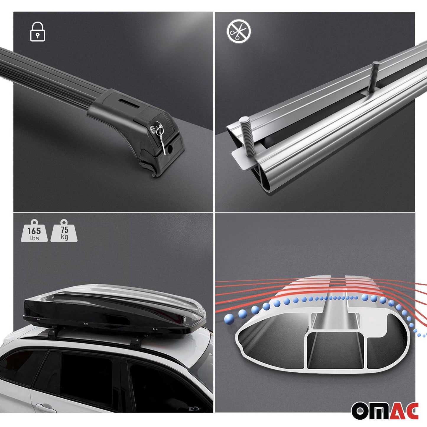 OMAC Roof Rack Cross Bars Carrier Aluminium for Hyundai Tucson 2016-2021 Black 2Pcs 3224923B