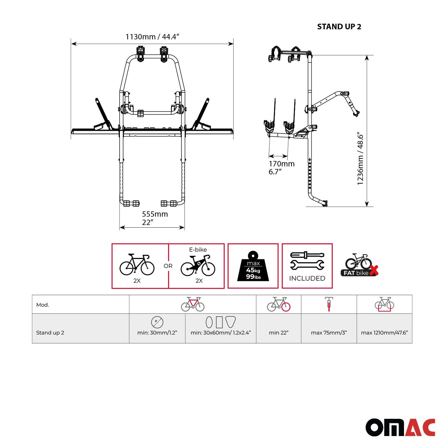 OMAC Alu 2 Bike Rack Carrier Hitch Mount for Honda Fit 2007-2013 Black Gray A054184