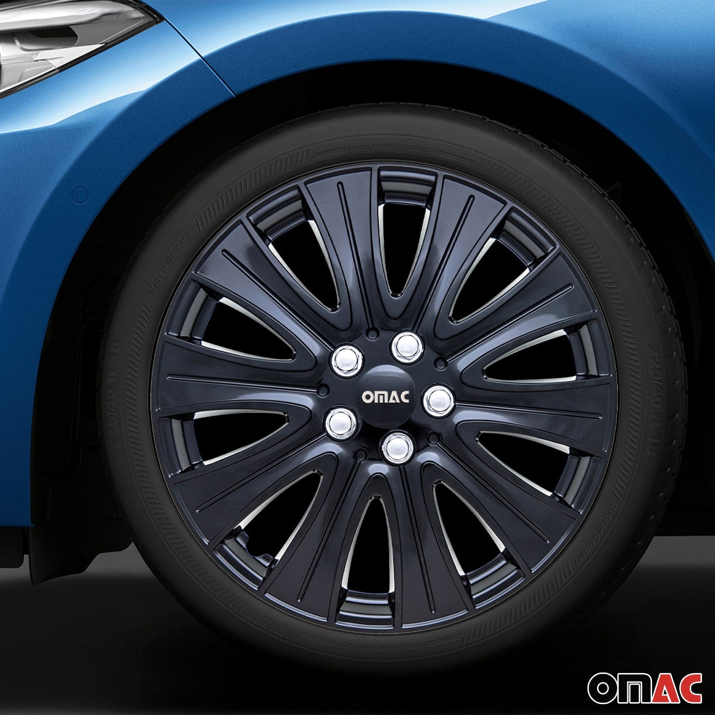 OMAC 15" Wheel Covers Guard Hub Caps Durable Snap On ABS Gloss Black Silver 4x OMAC-WE40-GBK15