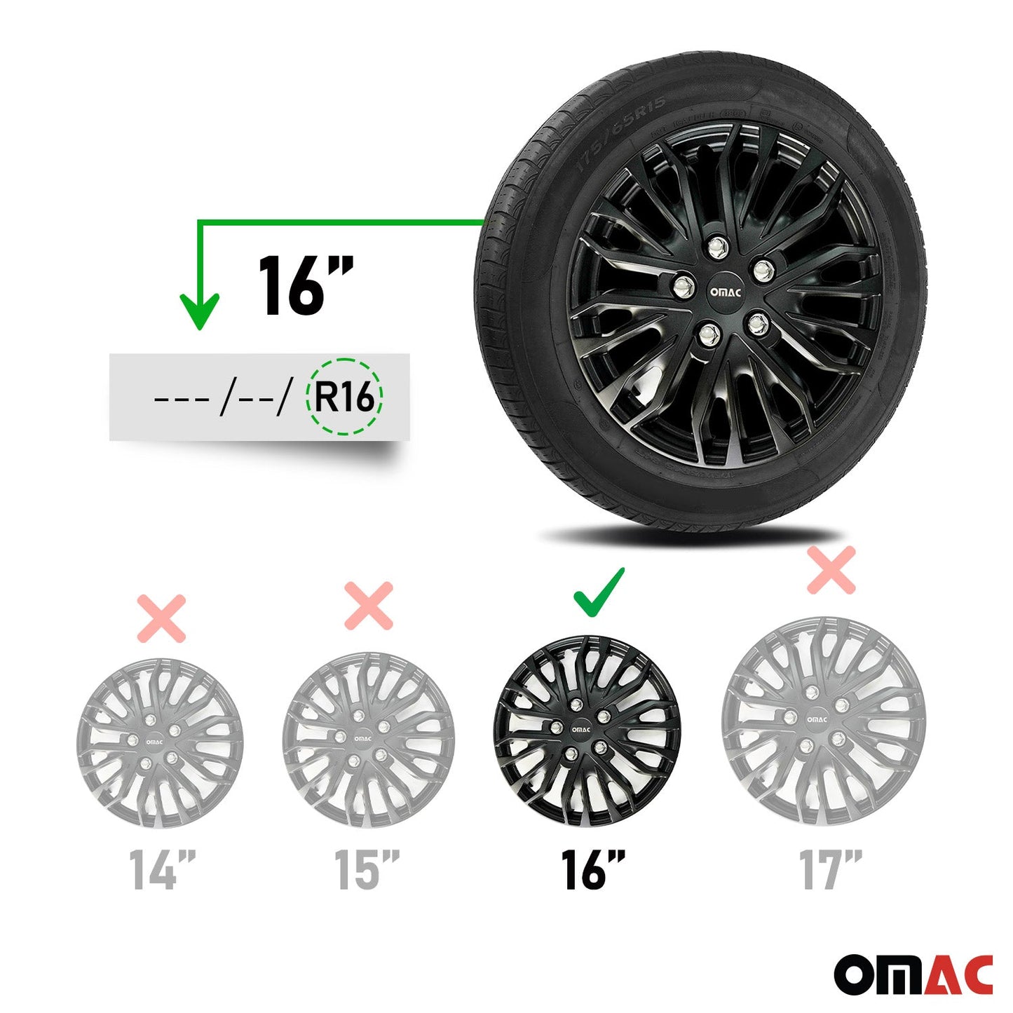 OMAC 16" Wheel Covers Guard Hub Caps Durable Snap On ABS Black Silver 4x OMAC-WE41-MBK16