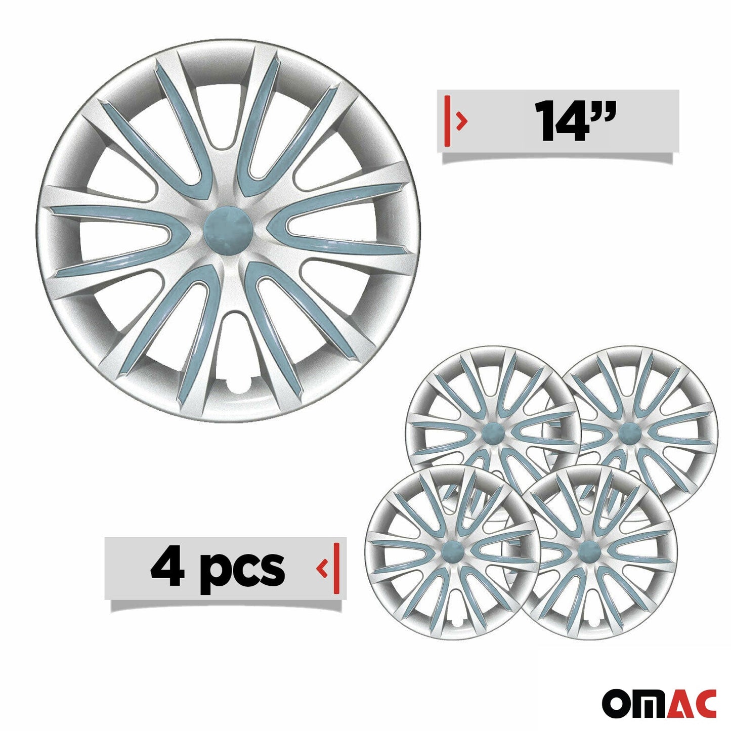 OMAC 14" Set of 4 Pcs Wheel Covers Silver with Blue Hub Caps fit R15 Steel Rim 99FR240G14HB