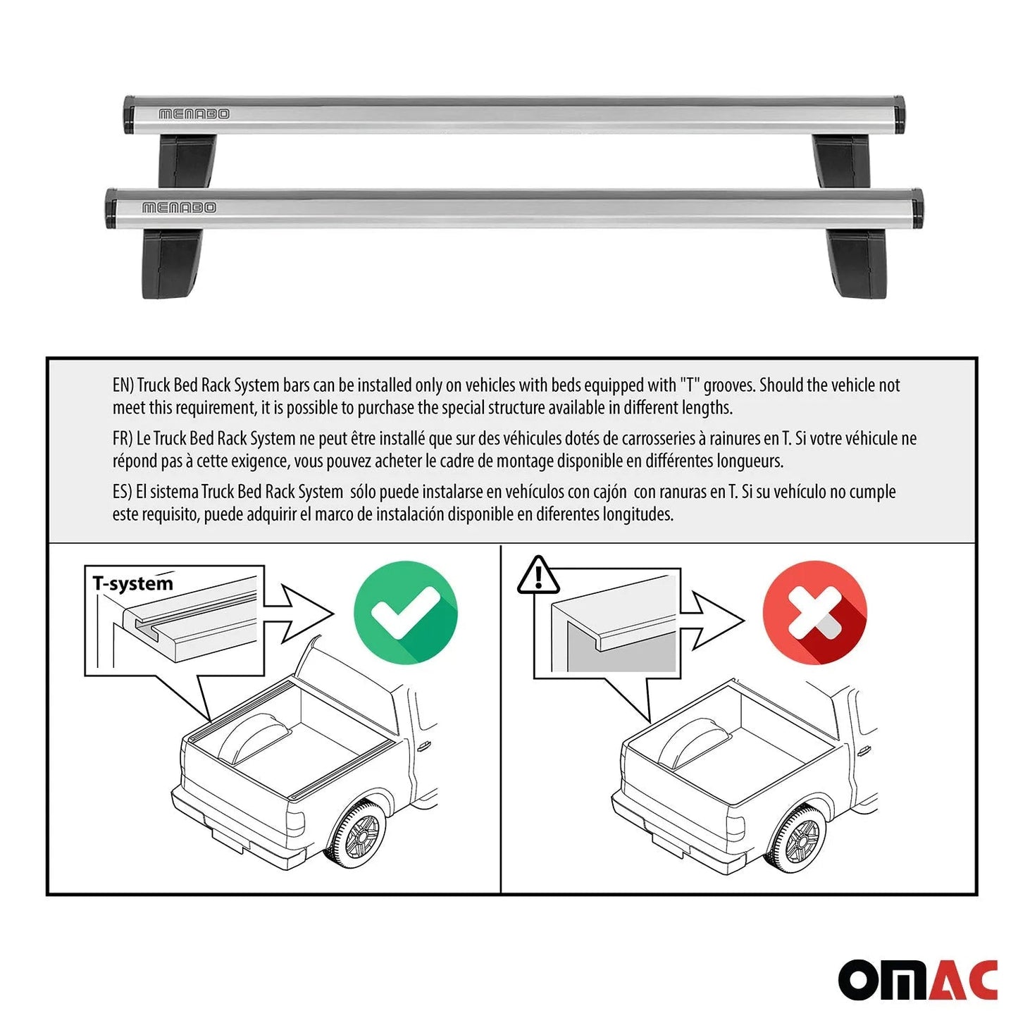 Menabo Truck Bed Rack Aluminum Pick Up Ladder Rack Silver 2Pcs