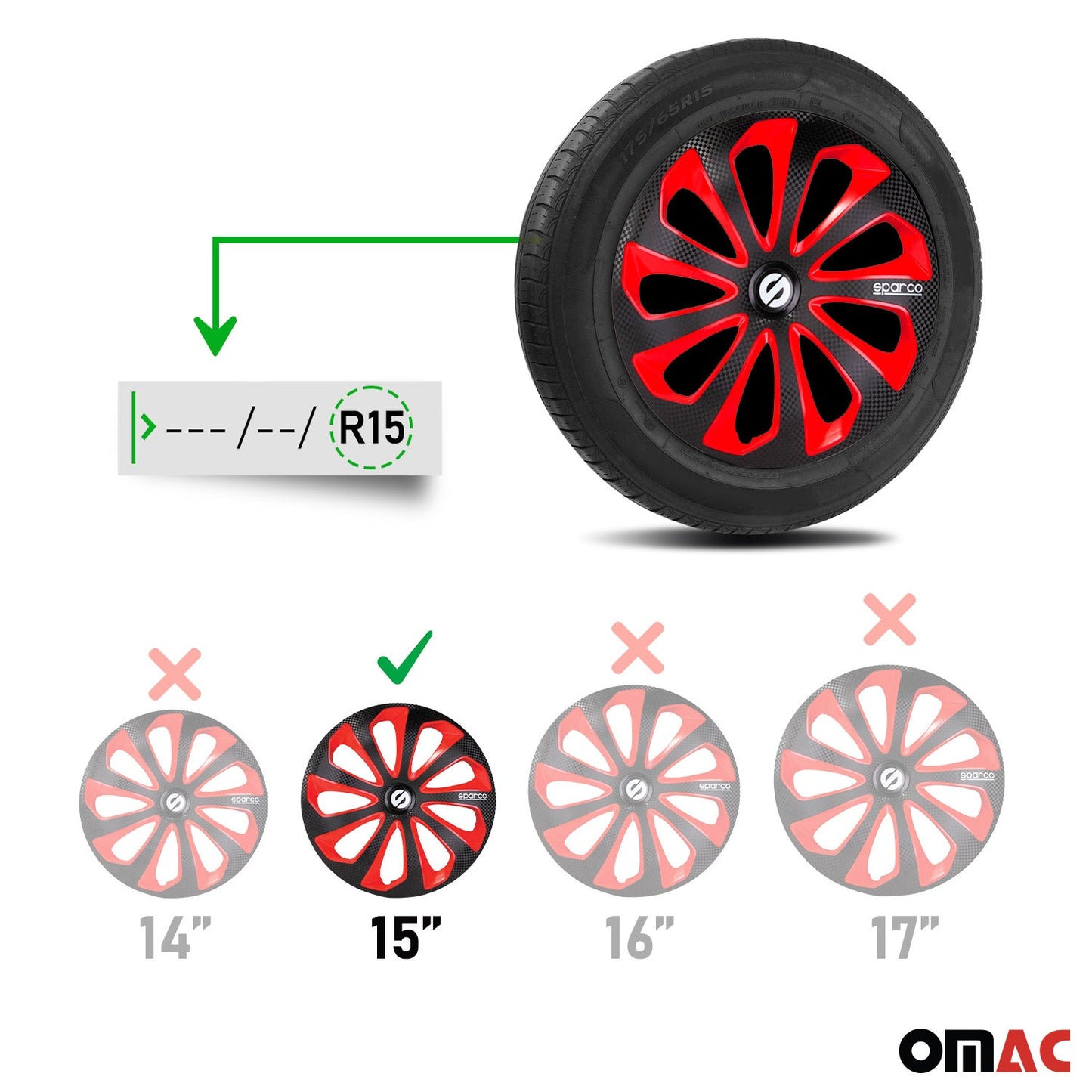 OMAC 15" Sparco Sicilia Wheel Covers Hubcaps Black Red Carbon 4 Pcs 96SPC1575BKRDC