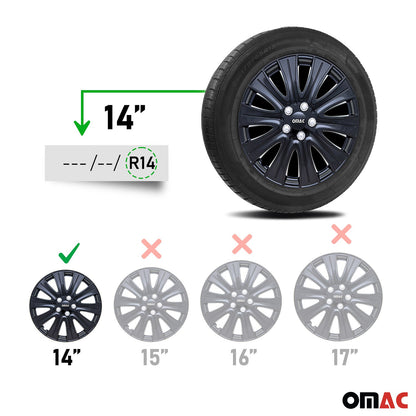 OMAC 14" Wheel Covers Guard Hub Caps Durable Snap On ABS Gloss Black Silver 4x OMAC-WE40-GBK14