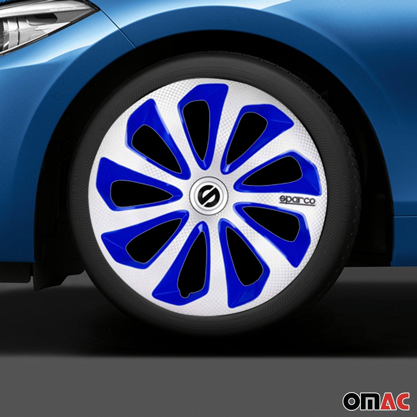 OMAC 15" Sparco Sicilia Wheel Covers Hubcaps Silver Blue Carbon 4 Pcs 96SPC1575SVBLC