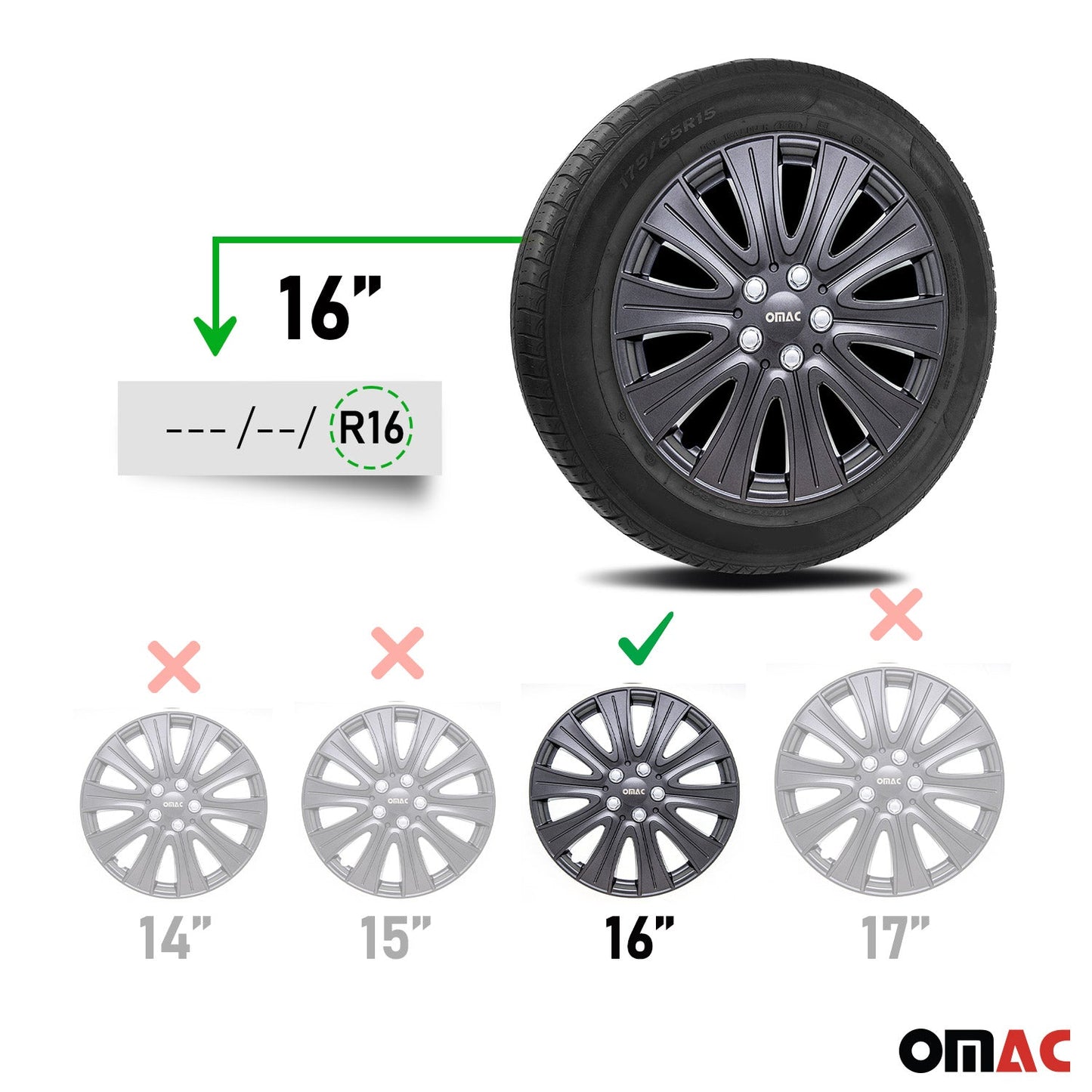 OMAC 16" Wheel Covers Guard Hub Caps Durable Snap On ABS Metal Silver 4x OMAC-WE40-GM16