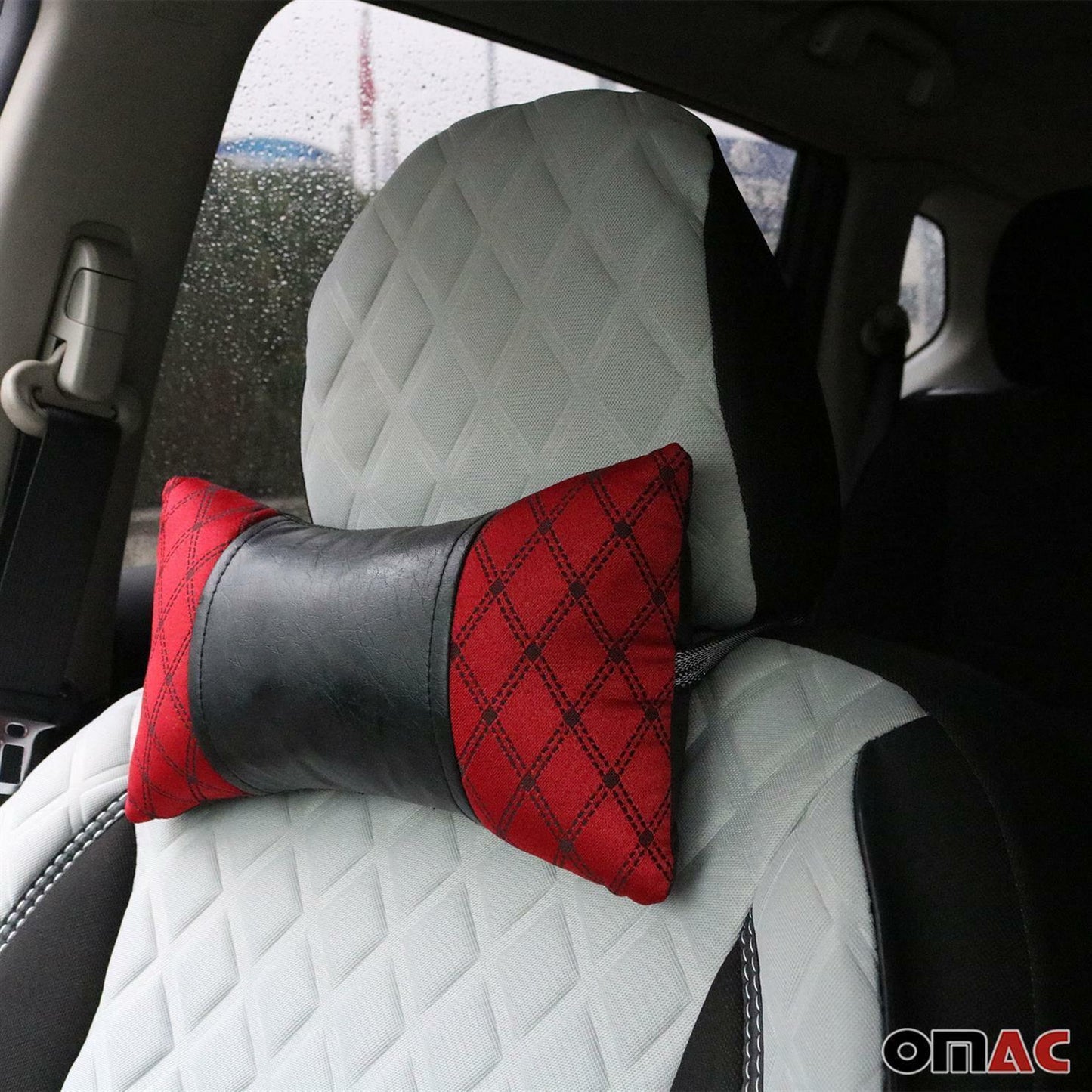 OMAC 2x Car Seat Neck Pillow Head Shoulder Rest Pad Fabric and PU Leather Red Black SET96312-KS1