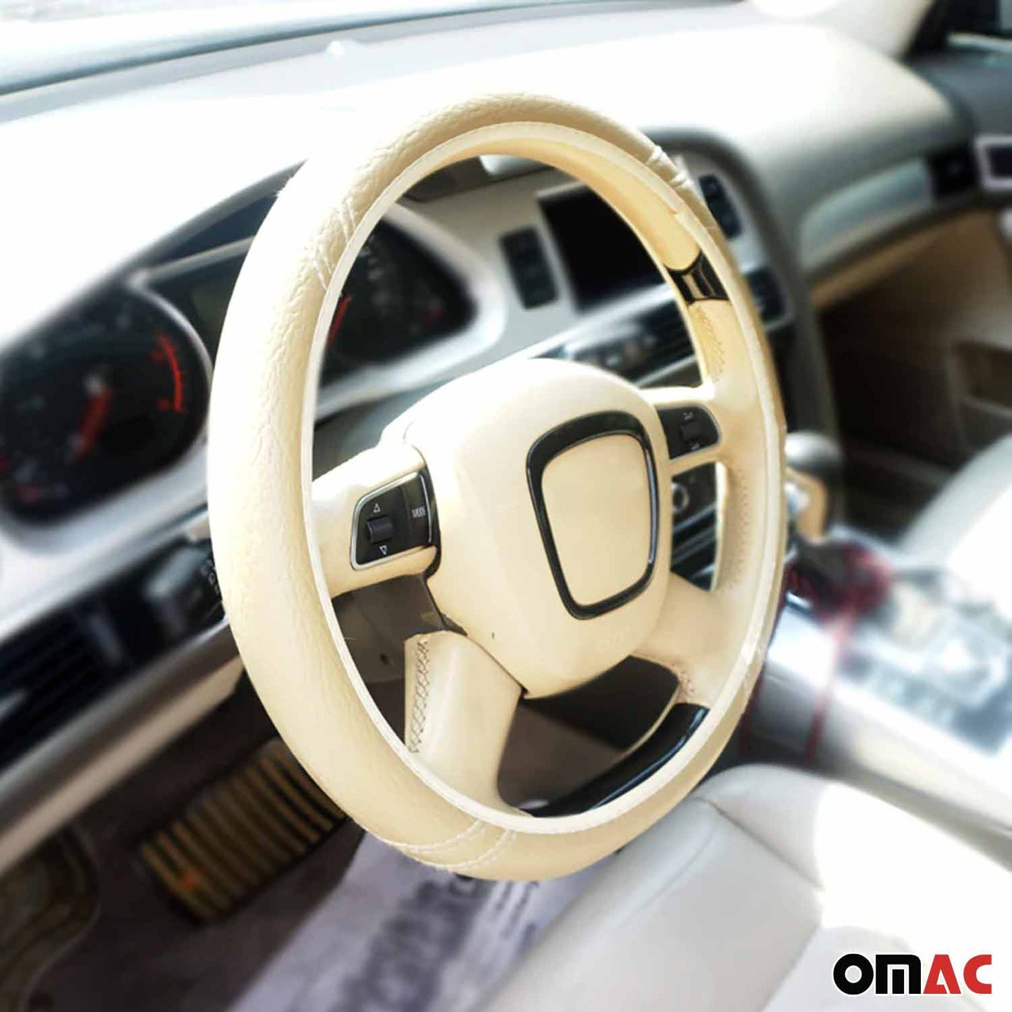 OMAC For Volvo XC90 Dark Beige Leather 15" Car Steering Wheel Cover Anti-Slip U009978