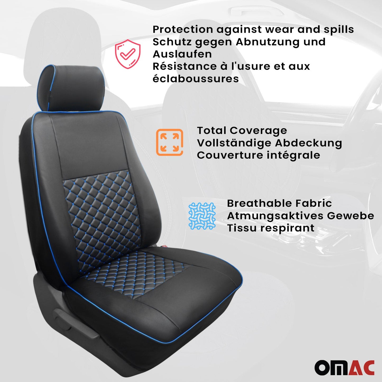 OMAC Leather Car Seat Covers Protector for VW Eurovan 1993-2003 Black Blue 2+1 7521321SM-2