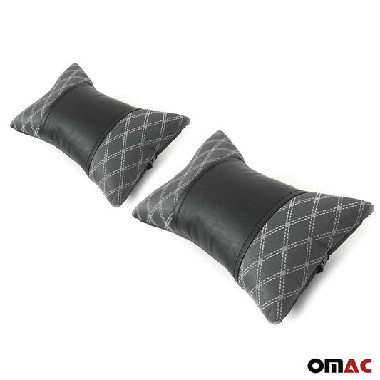 OMAC 2x Car Seat Neck Pillow Head Shoulder Rest Pad Fabric and PU Leather Grey Black SET96312-GS1