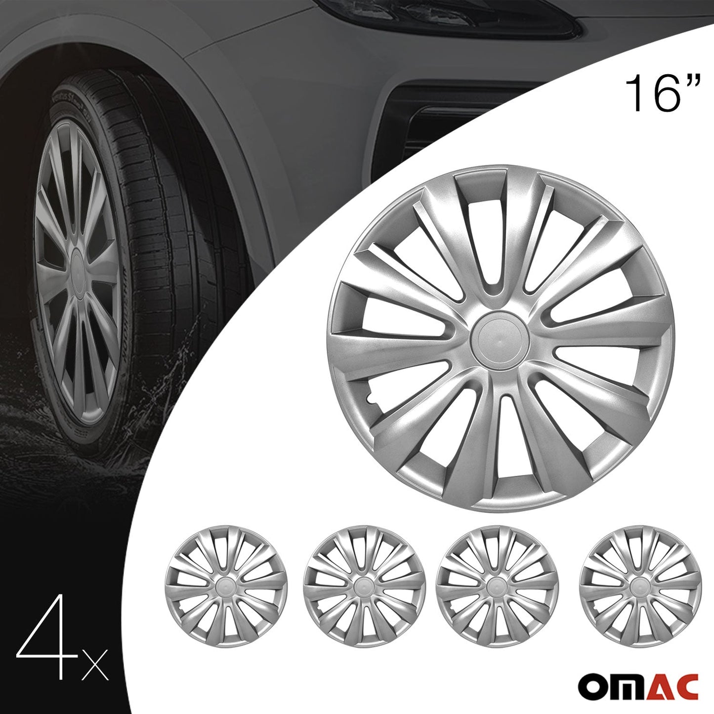 OMAC 16 Inch Wheel Covers Hubcaps for Tesla Silver Gray Gloss G002358