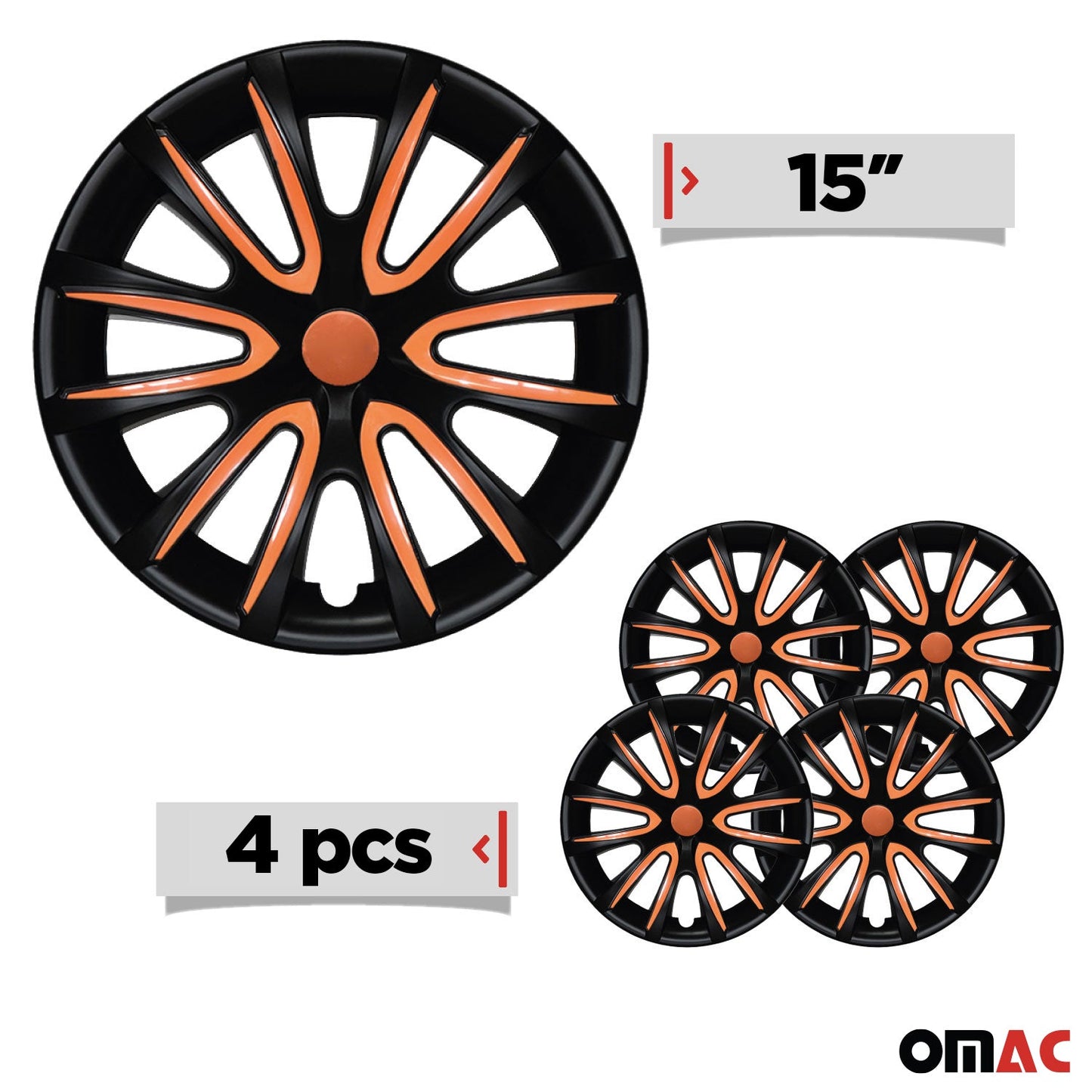 Bicolo Hub Caps Wheel Cover 15" Black Matt & Orange Full Set 4 pcs.