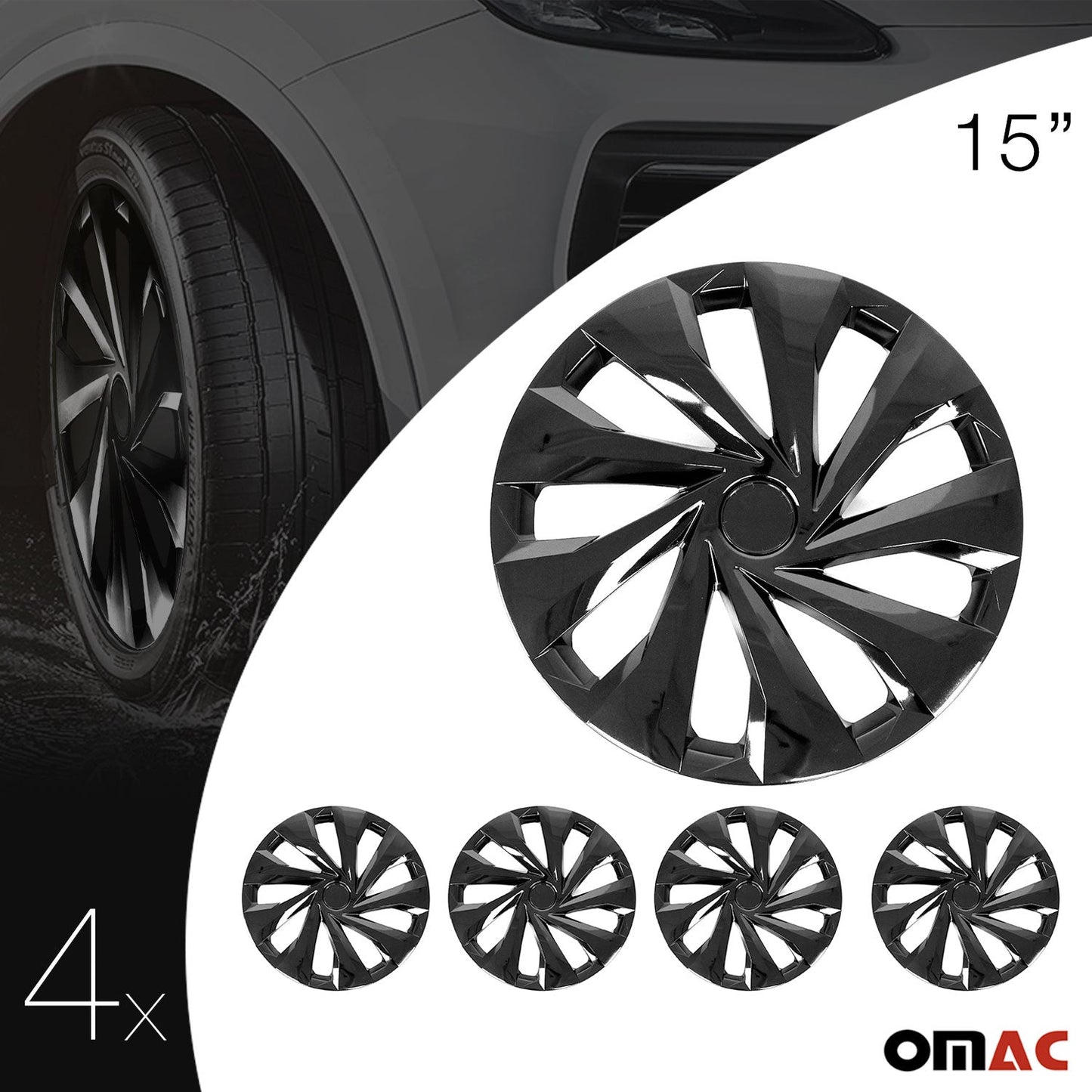 OMAC 15 Inch Wheel Rim Covers Hubcaps for Fiat Black Gloss G002455