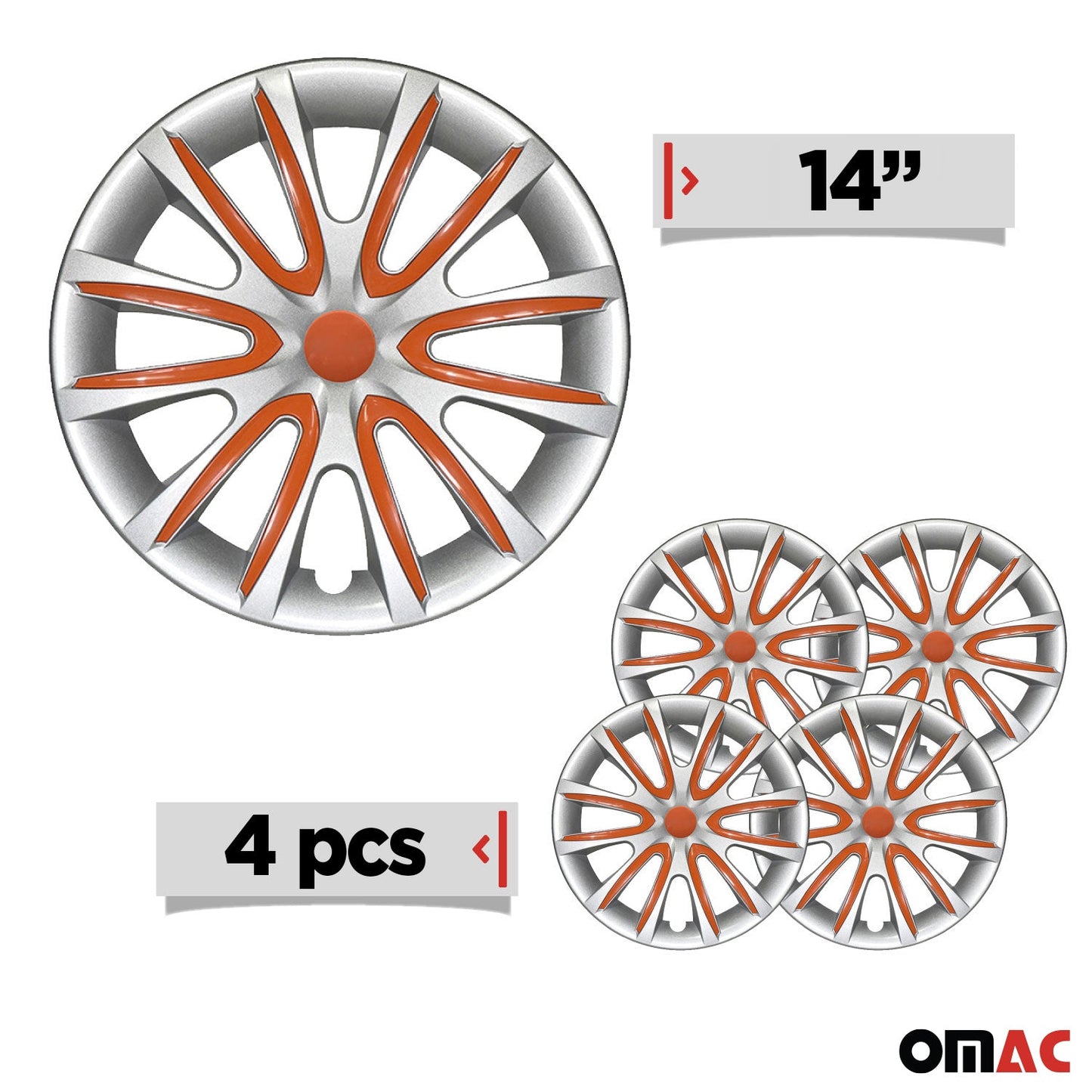 Bicolo Hub Caps Wheel Cover 14" Gray & Orange Full Set 4 pcs.