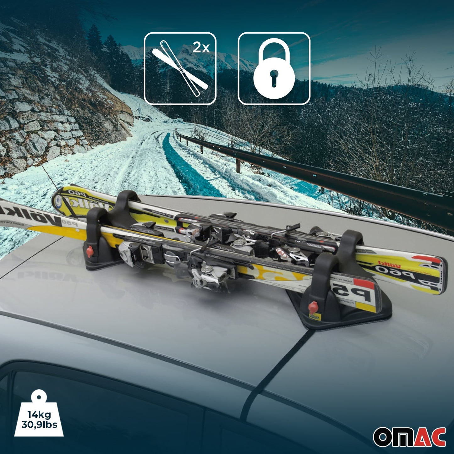 OMAC Magnetic Ski Snowboard Racks Roof Mount Car Carrier Black 2 Pieces '8300000