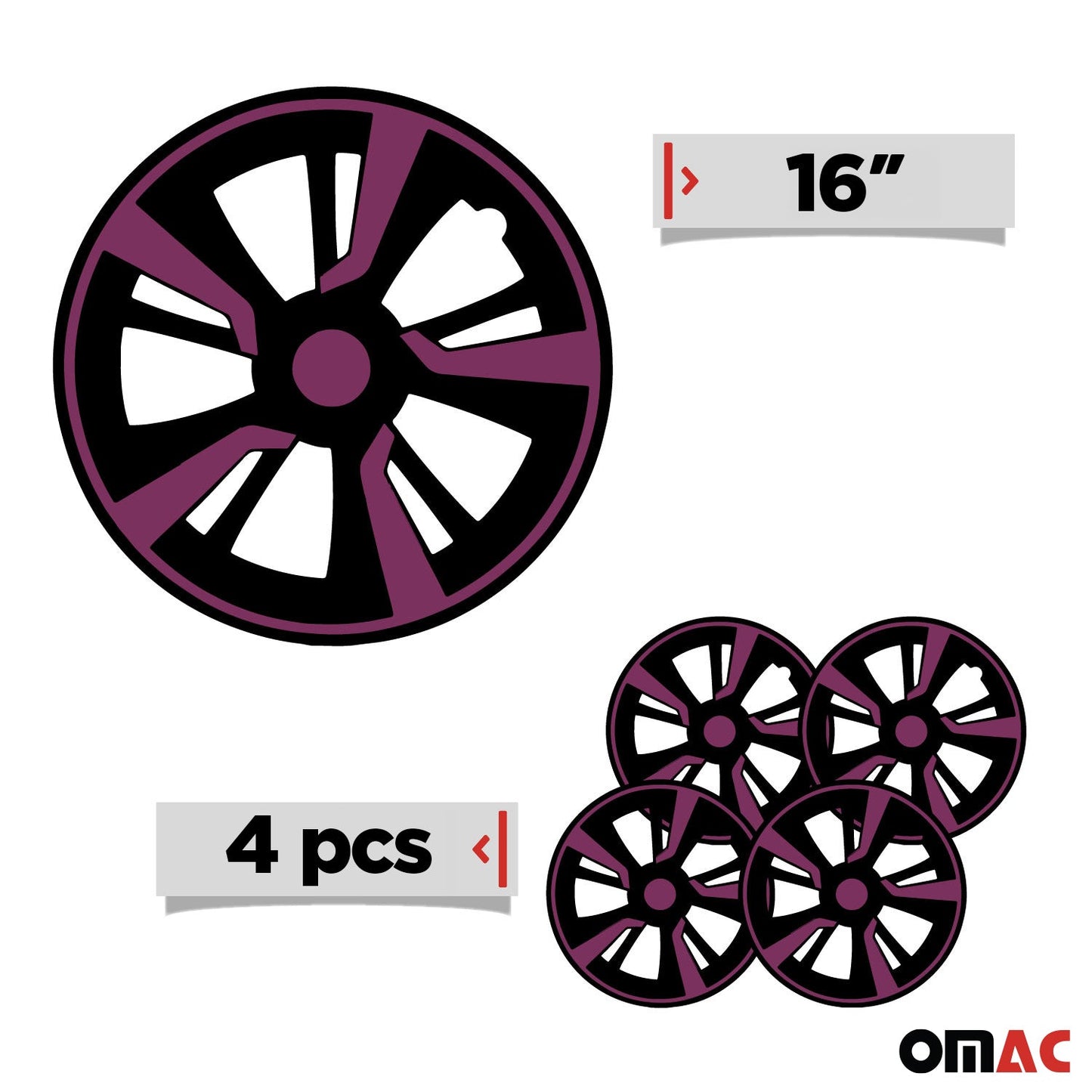 OMAC 16" Hubcaps Wheel Rim Cover Black with Violet Insert 4pcs Set VRT99FR243B16V