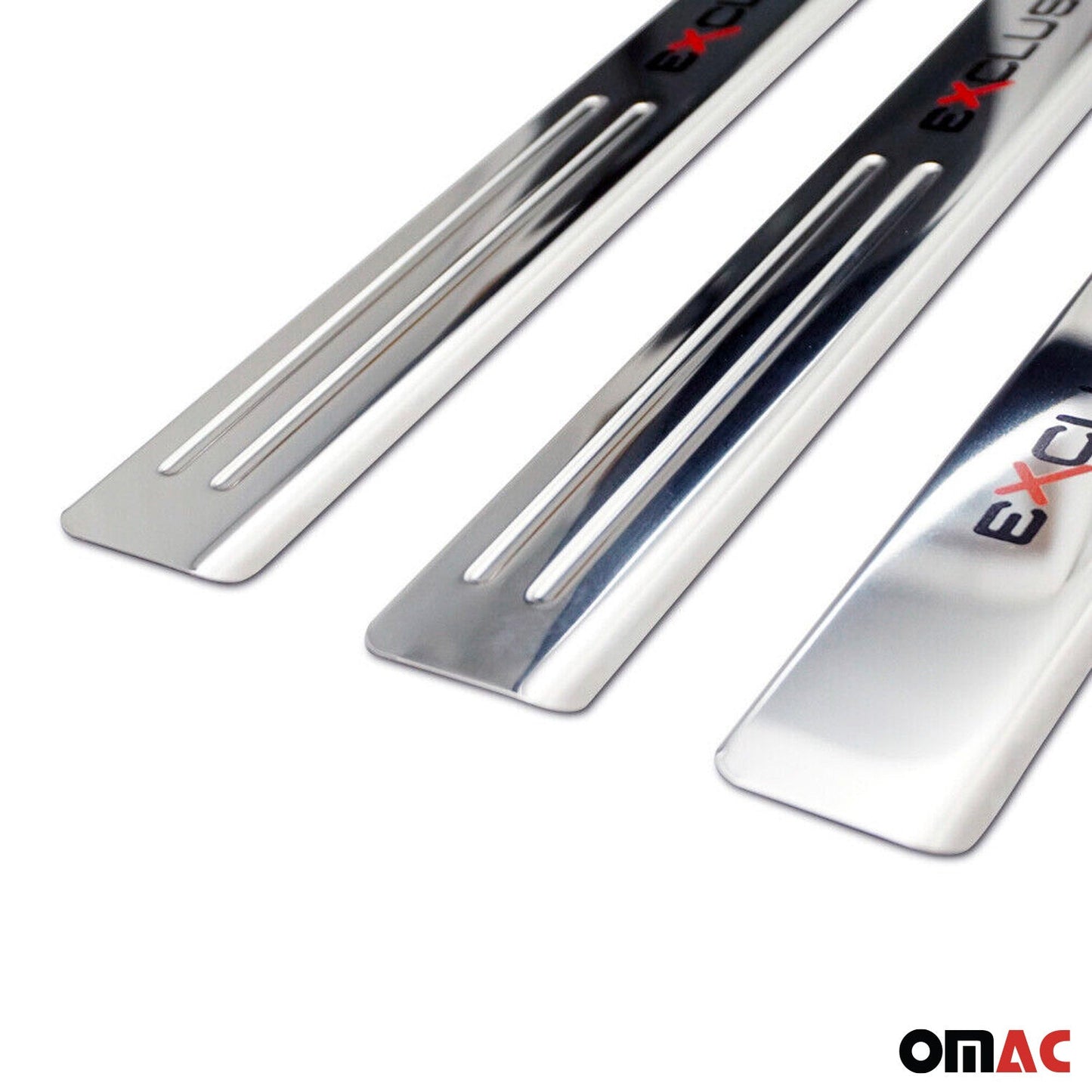 OMAC Chrome Door Sill Plate Cover Trim Exclusive Embossed 18.5" x 1.77" 4 Pcs 9647091E