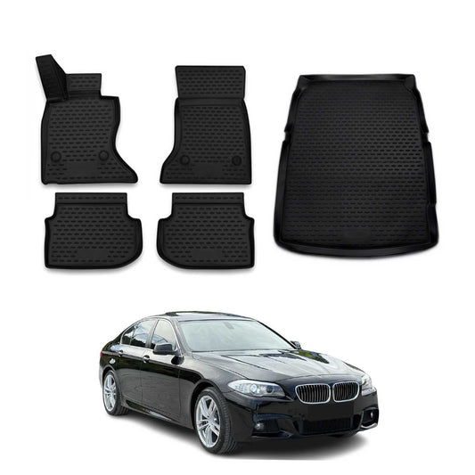 2010-2013 BMW 5 Series F10 F11 4WD xDrive Pre-Facelift Floor Mats & Cargo Liner Full Set All Weather Black
