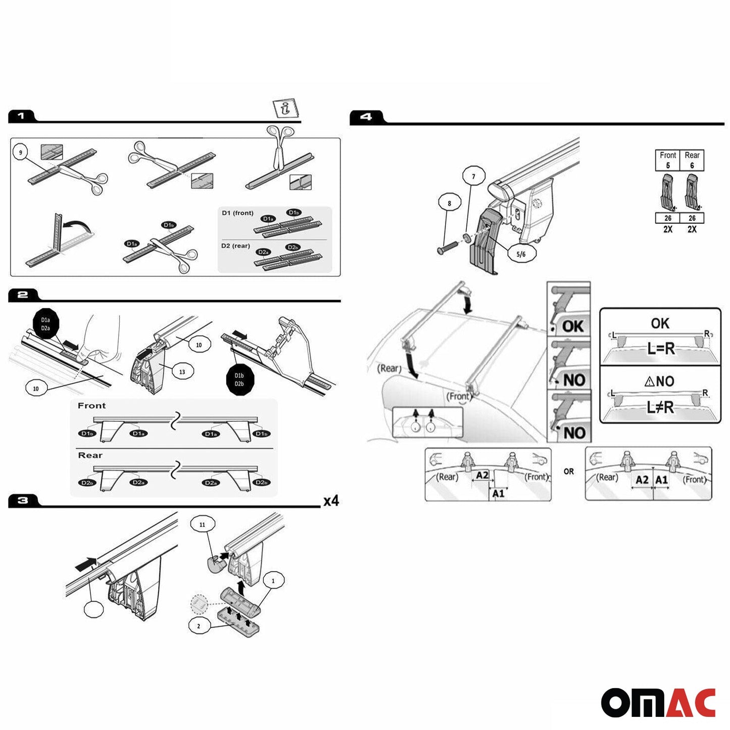 OMAC Top Roof Racks Cross Bars fits VW Golf R Mk8 2022-2024 2Pcs Black Aluminium U025974