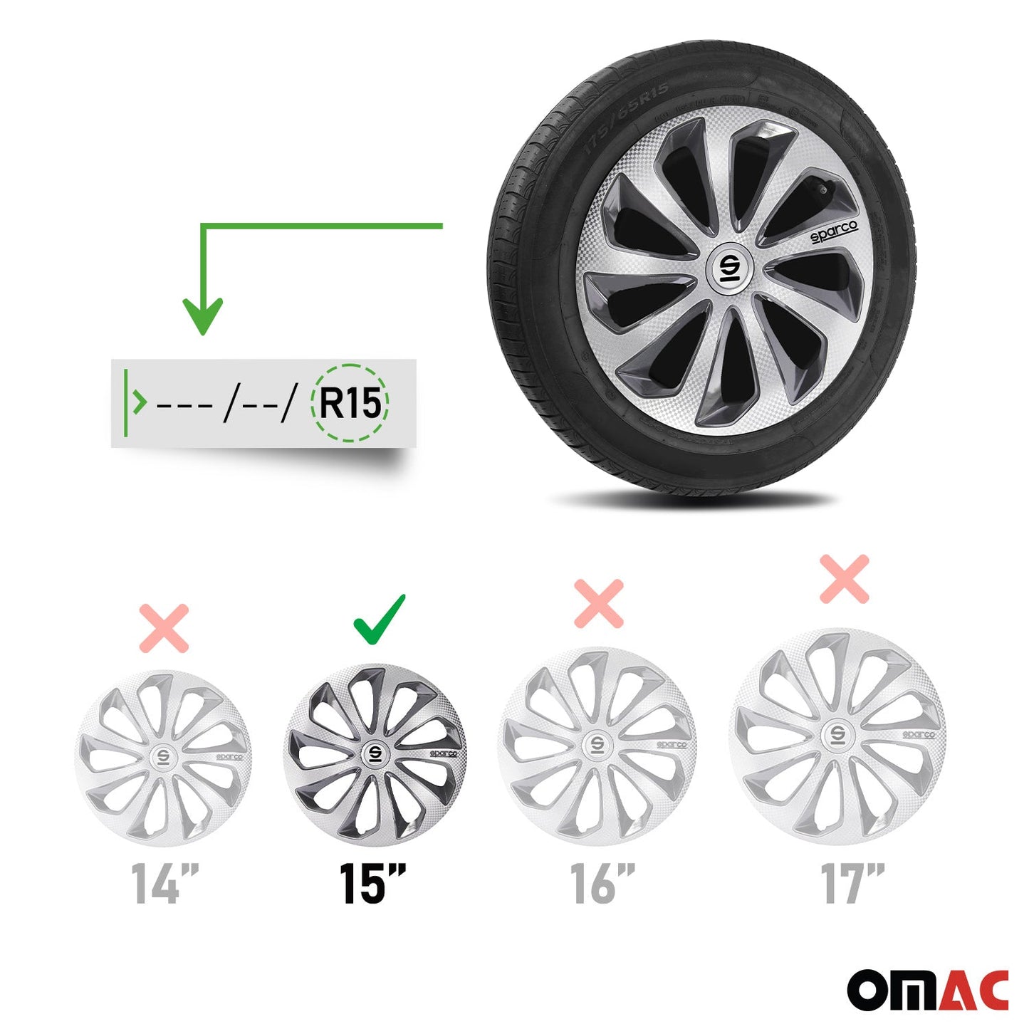 OMAC 15" Sparco Sicilia Wheel Covers Hubcaps Silver Carbon Gray 4 Pcs 96SPC1575SVGRC