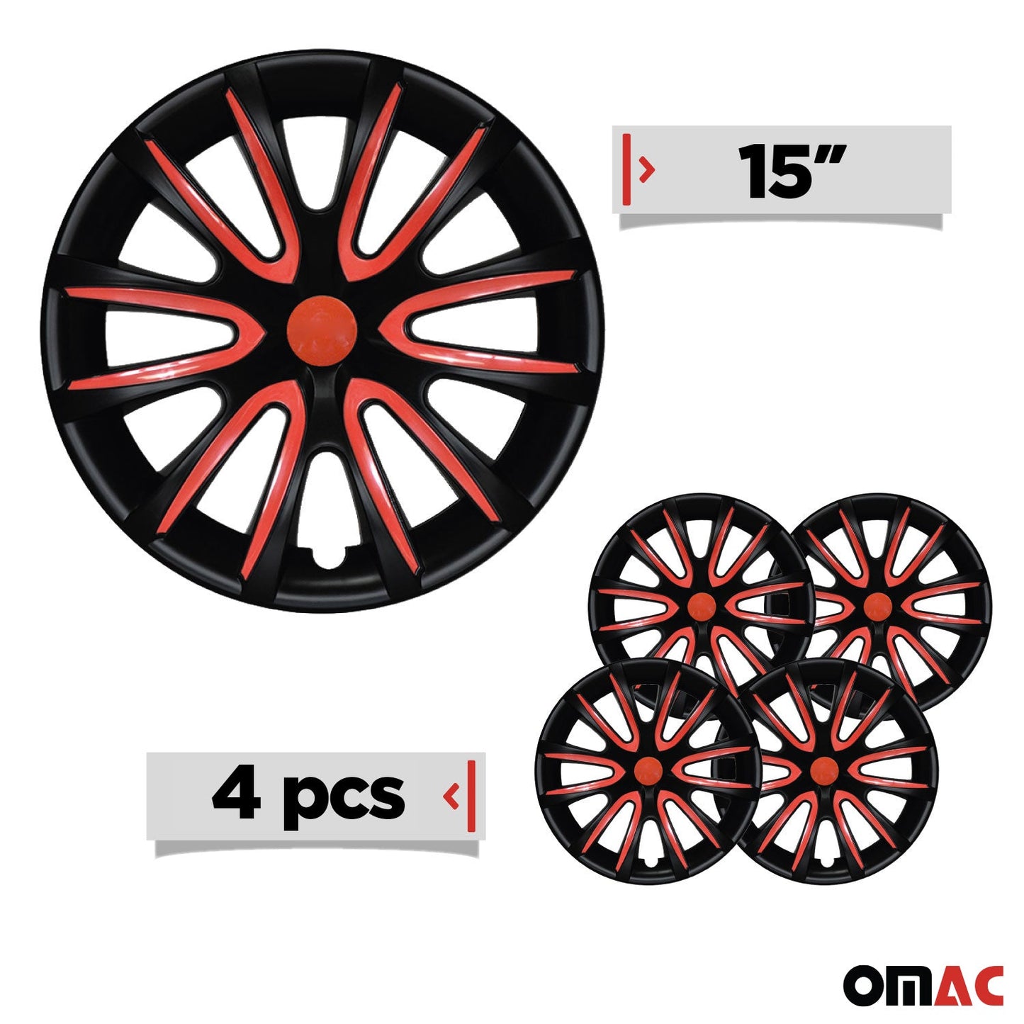 Bicolo Hub Caps Wheel Cover 15" Black Matt & Red Full Set 4 pcs.