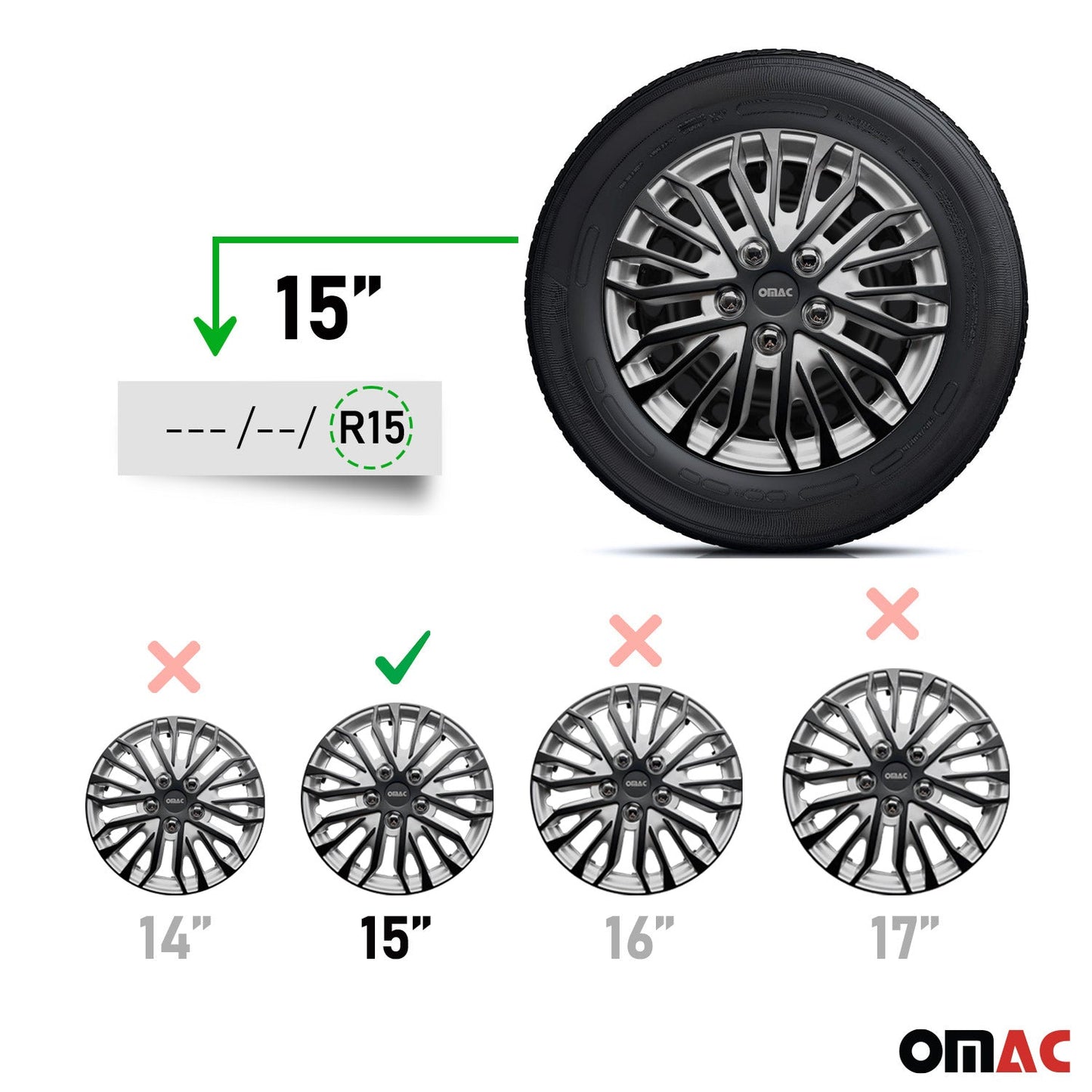OMAC 15" Wheel Covers Guard Hub Caps Durable Snap On ABS Silver Matt Black 4x OMAC-WE41-SVMBK15