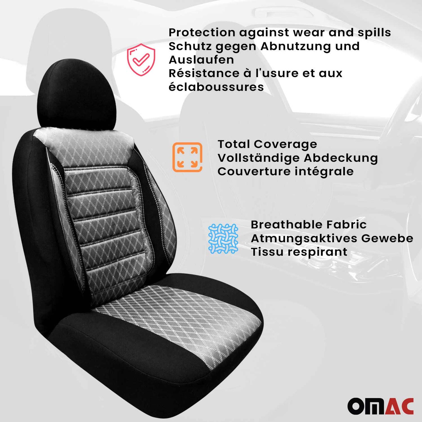OMAC 2x Car Front Seat Cover Cushion Breathable Protection Non Slip Grey Black 96311A-GS1SET