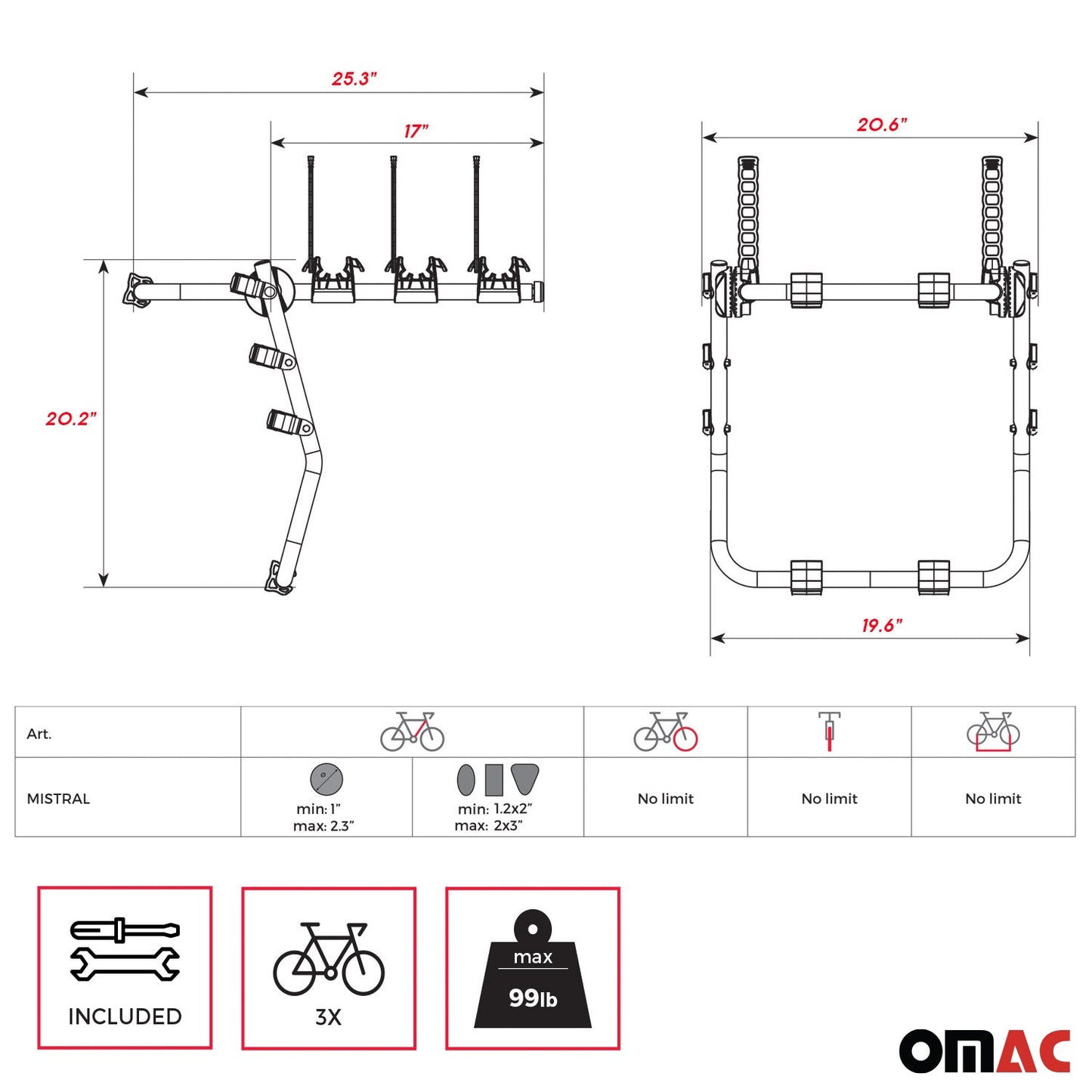 OMAC Bike Racks 3 Bike Carrier Hitch Mount for Ford Escape 2020-2024 Black G002409