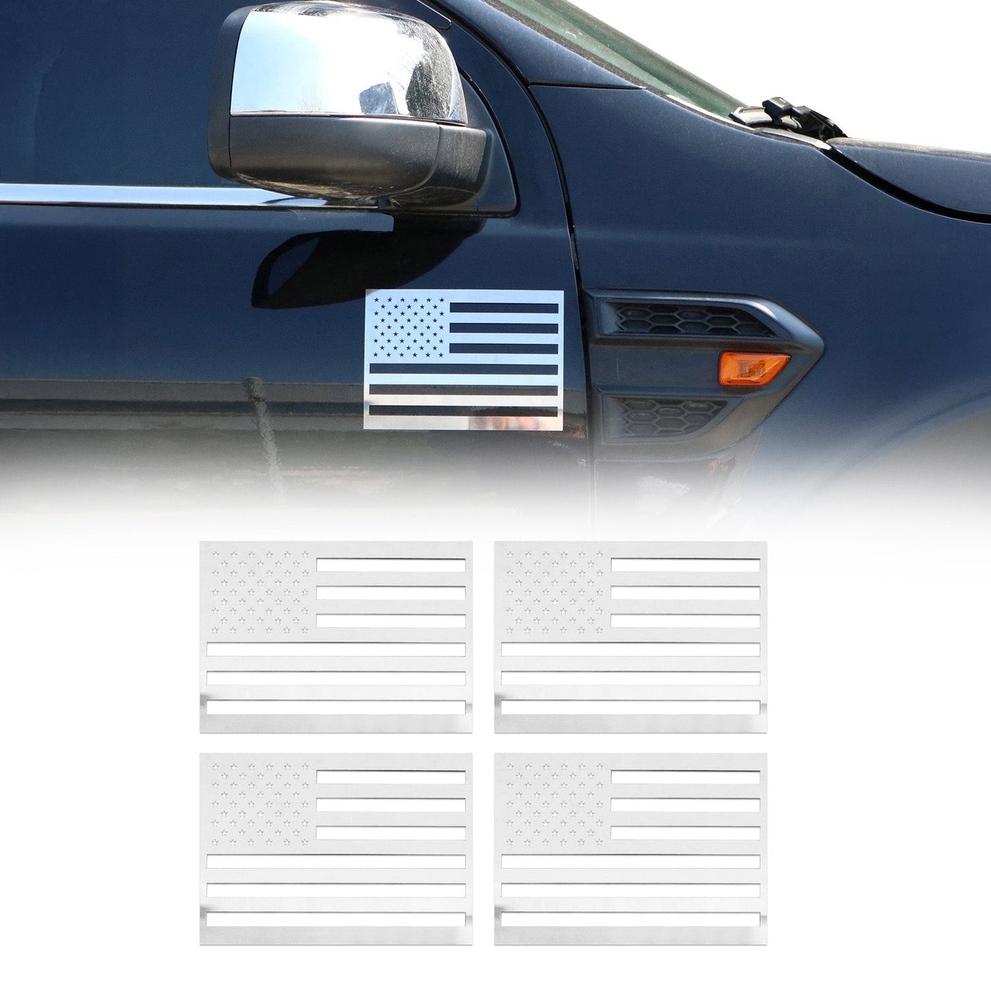 US American Flag Emblem 3D S.Steel US Badge Gloss Silver Universal Set 4 Pieces