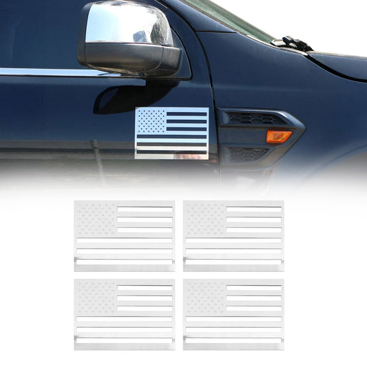 US American Flag Emblem 3D S.Steel US Badge Gloss Silver Universal Set 4 Pieces