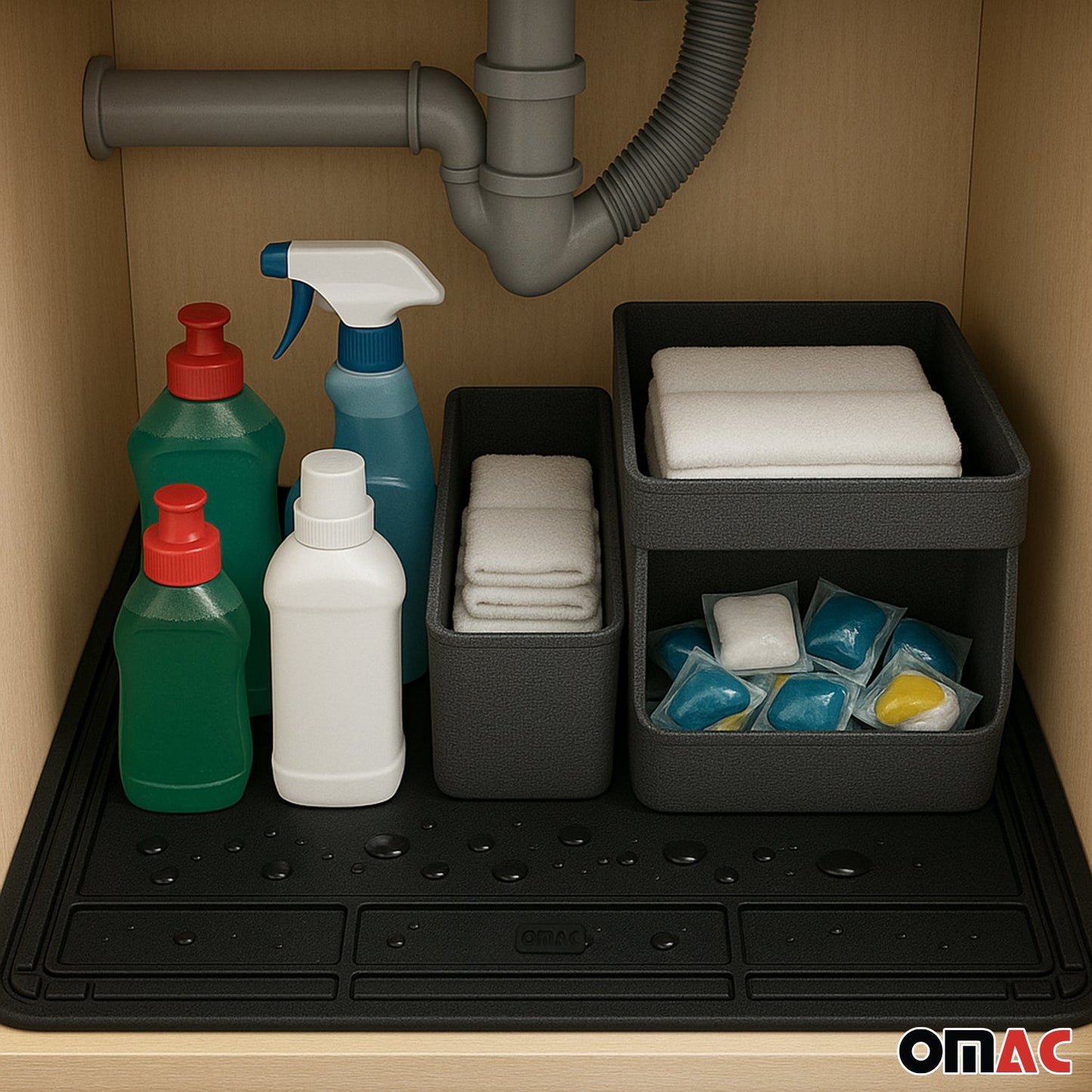 High Quality Black Under Sink Cabinet Protection Mat Waterproof Raised Edge