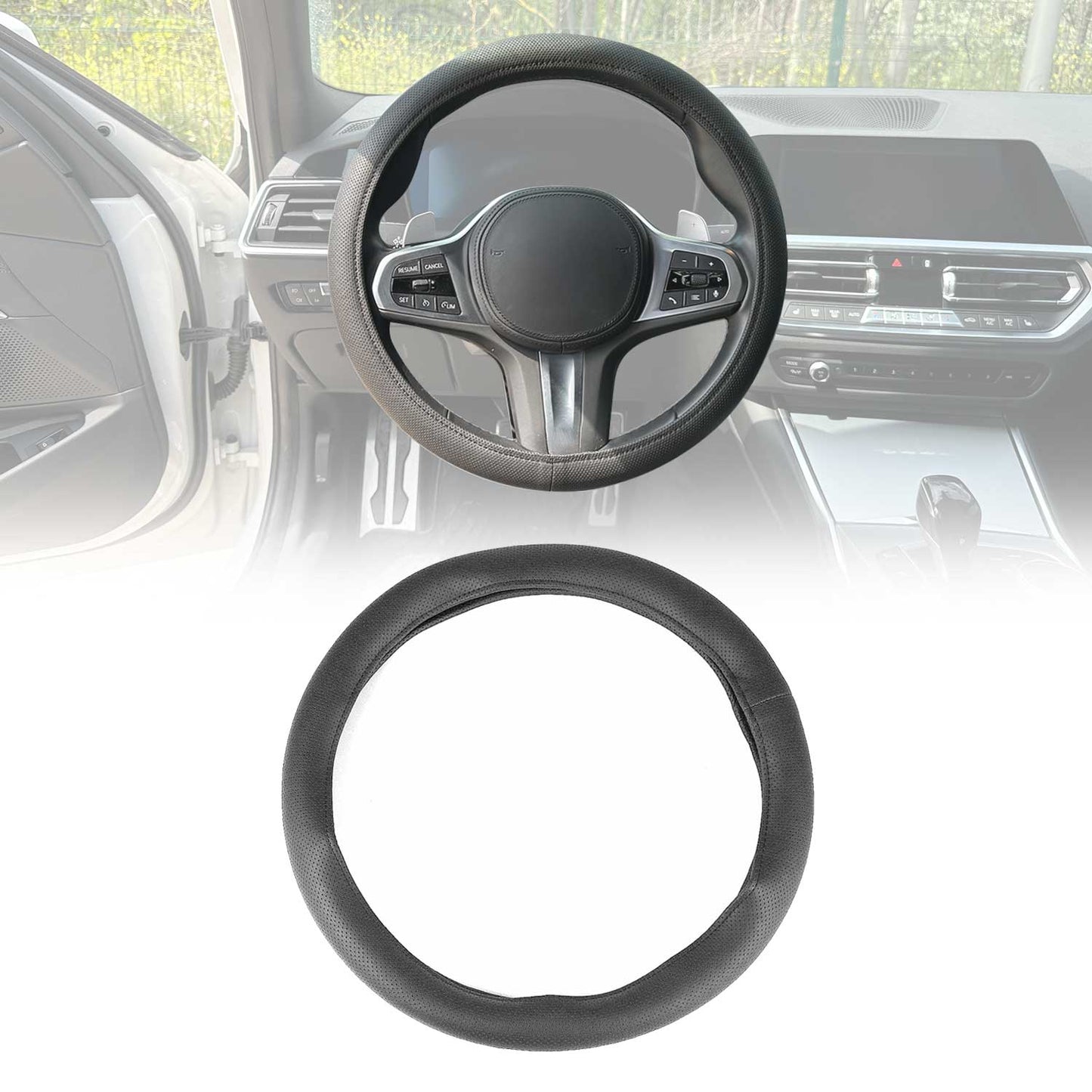 14.5-15.5’’ Steering Wheel Cover Black Dotted Leather Anti-slip Breathable