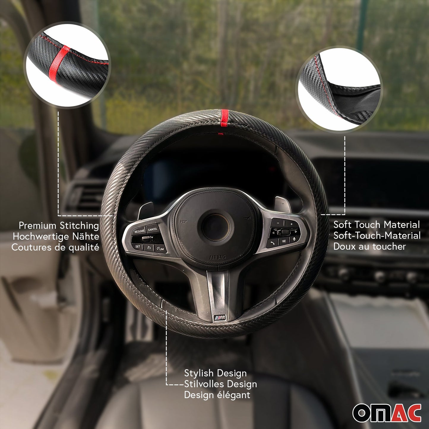 14.5-15.5’’ Steering Wheel Cover Red Stripe Leather Anti-slip Breathable