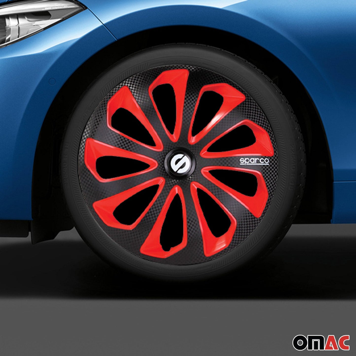 OMAC 14" Sparco Sicilia Wheel Covers Hubcaps Black Red Carbon 4 Pcs 96SPC1475BKRDC