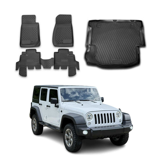 2007-2013 Jeep Wrangler Floor Mats & Cargo Liner Full Set All Weather 4 Door Black
