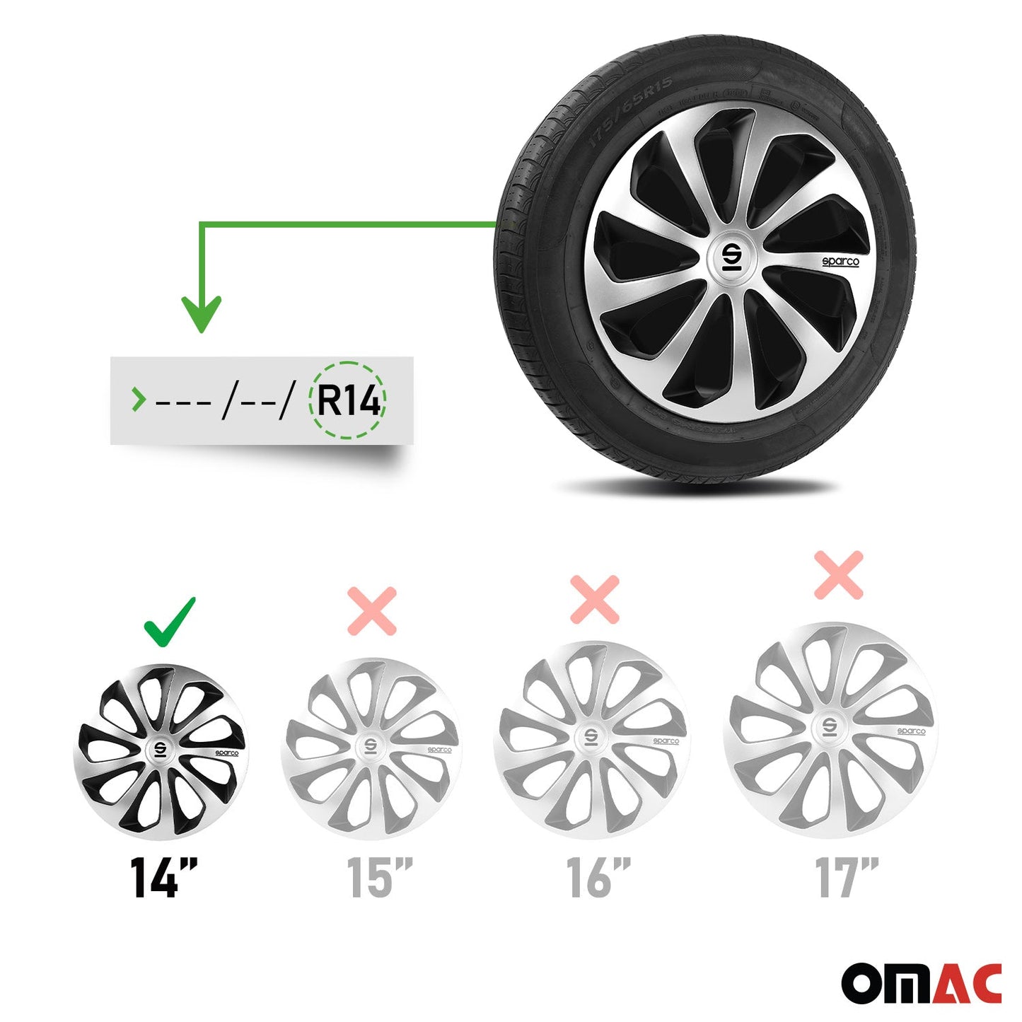 OMAC 14" Sparco Sicilia Wheel Covers Hubcaps Silver Black 4 Pcs 96SPC1473SVBK