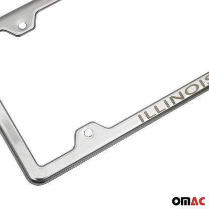 OMAC ILLINOIS Print License Plate Frame Tag Holder Chrome S. Steel Set 2 Pcs. K-9600011ILL