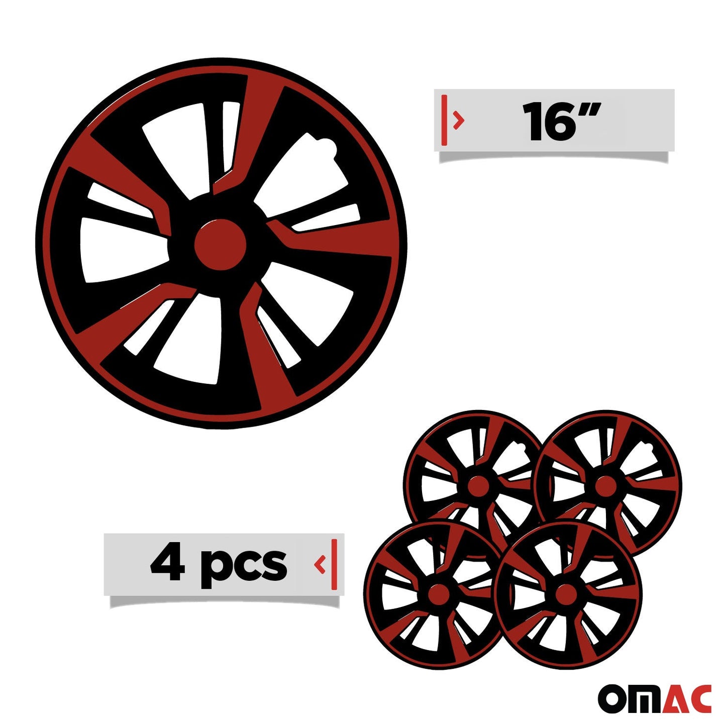 OMAC 16" Hubcaps Wheel Rim Cover Black with Red Insert 4pcs Set VRT99FR243B16R