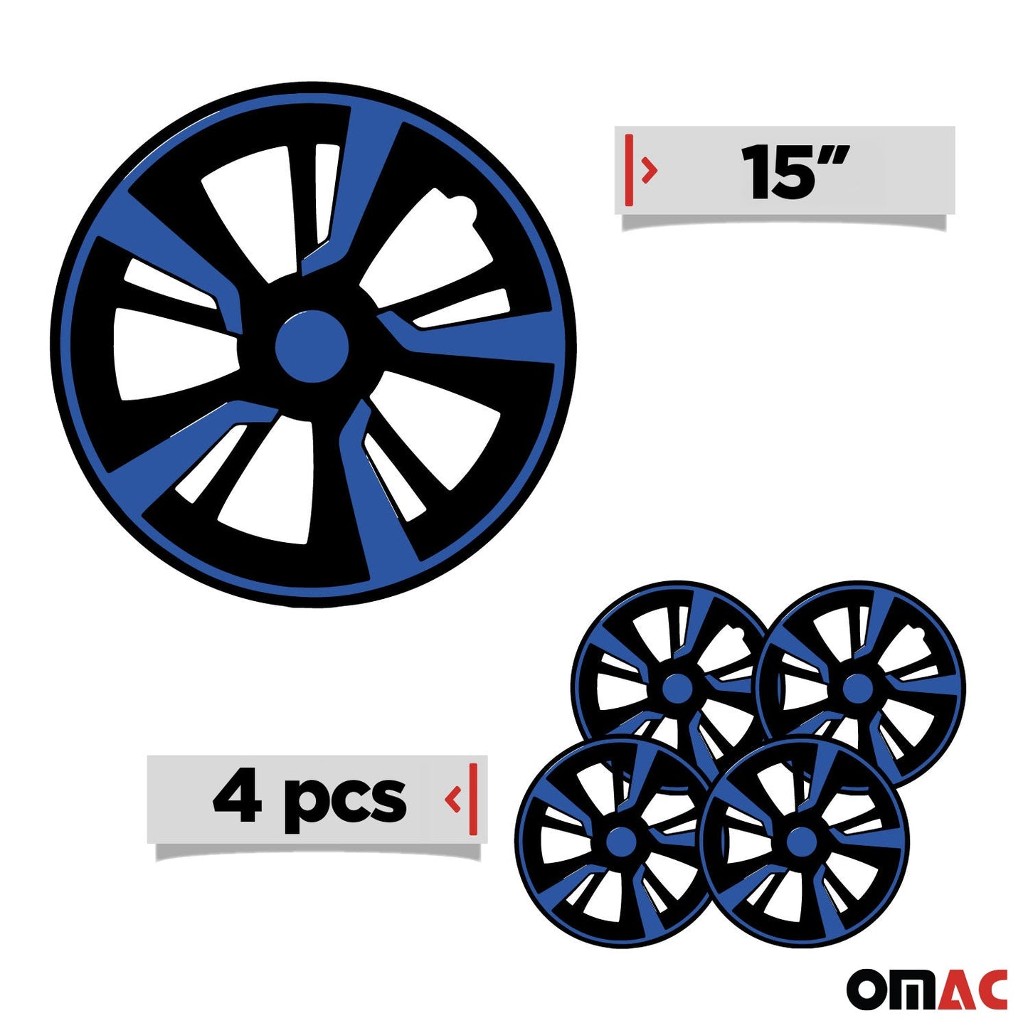 OMAC 15" Hubcaps Wheel Rim Cover Black with Dark Blue Insert 4pcs Set VRT99FR243B15DB