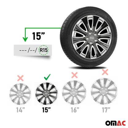 OMAC 15" Wheel Covers Guard Hub Caps Durable Snap On ABS Silver Black 4x OMAC-WE40-SVBK15