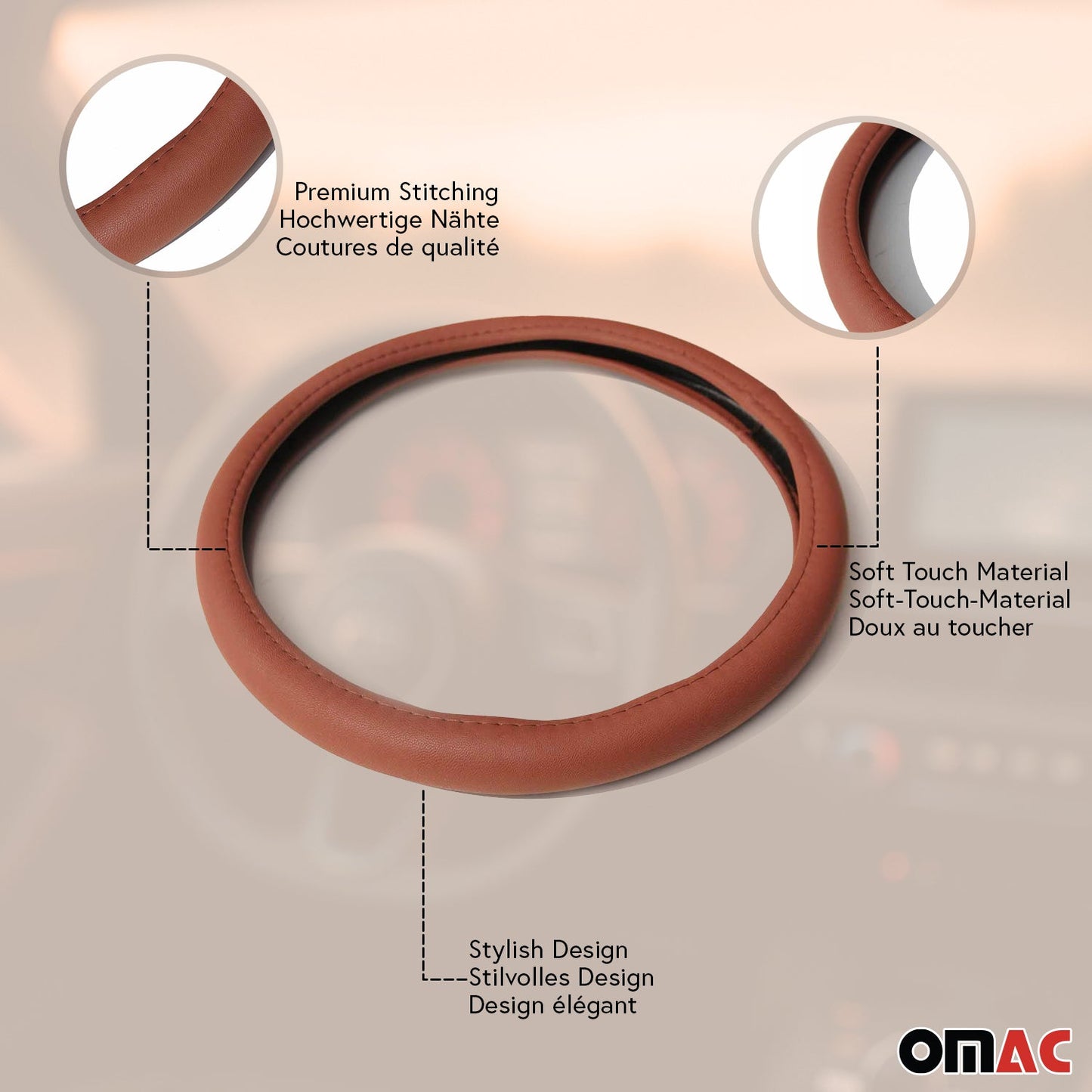 14.5-15.5’’ Steering Wheel Cover Premium Brown PU Leather Anti-slip Breathable