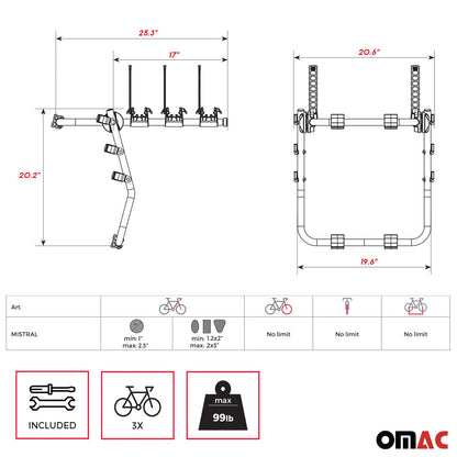 OMAC Bike Racks 3 Bike Carrier Hitch Mount for BMW 3 Series E36 1992-1999 Steel Black G002405