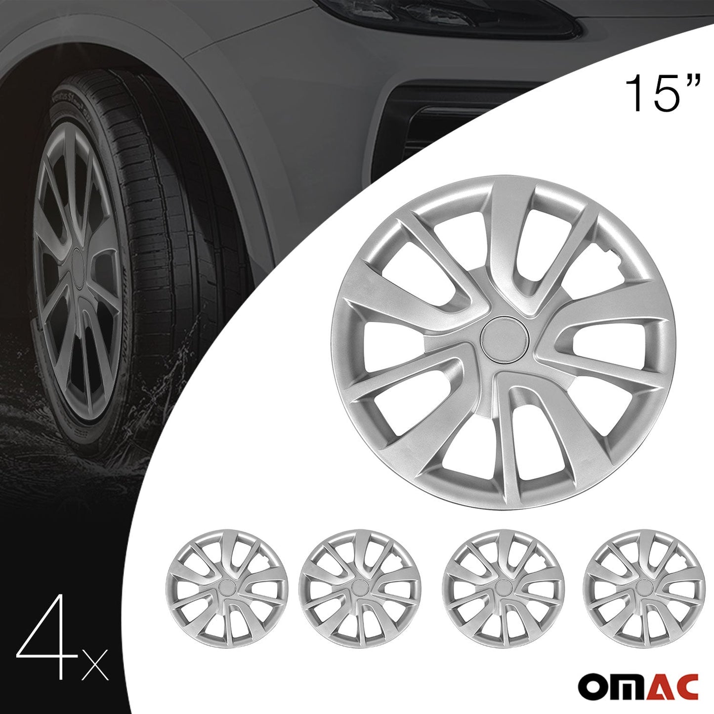 OMAC 15 Inch Wheel Covers Hubcaps for Smart Silver Gray U029211