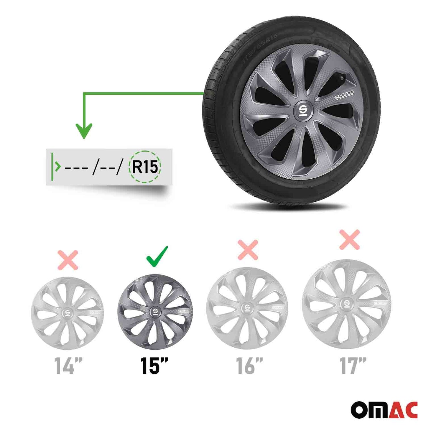 OMAC 15" Sparco Sicilia Wheel Covers Hubcaps Gray Carbon 4 Pcs 96SPC1574GRC